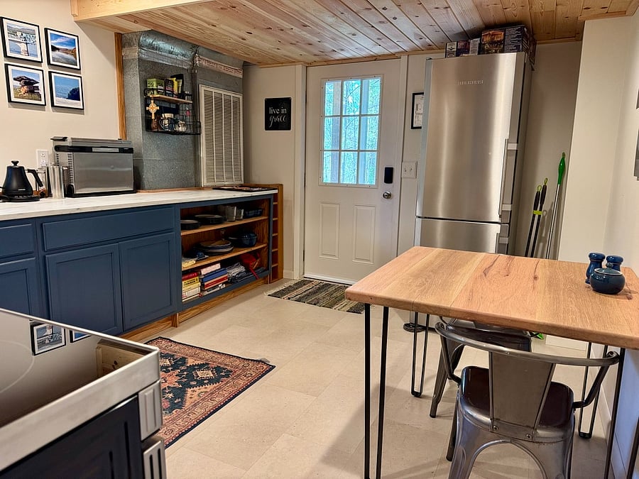 Excellent storage in kitchen. Custom kitchen table.
