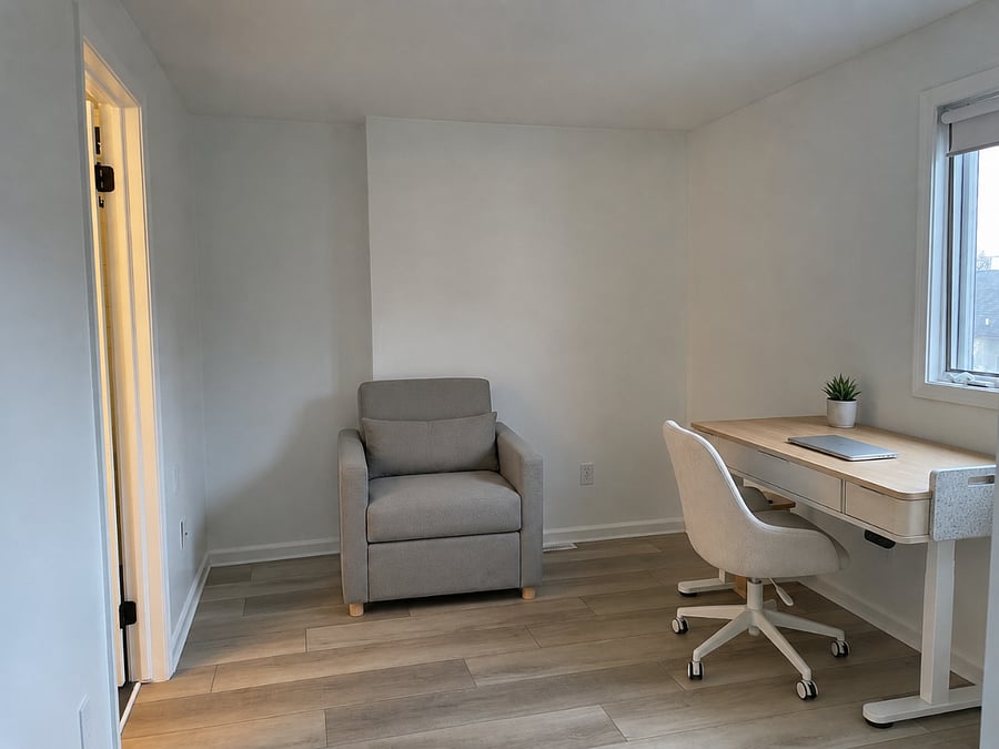Flexible second bedroom set up as a quiet workspace with an adjustable standing desk, bookshelf, and convertible sleeper chair for occasional guests.