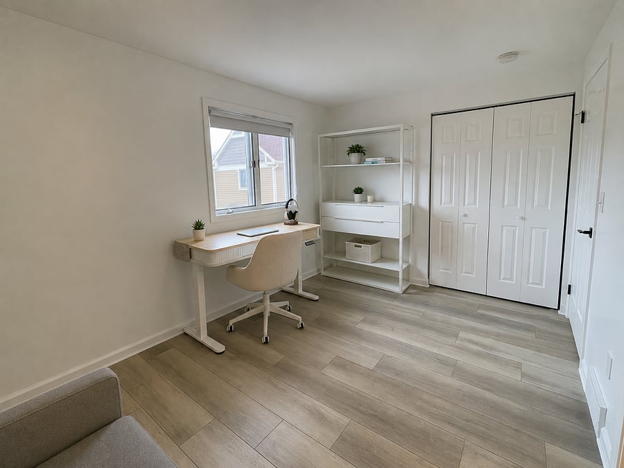Flexible second bedroom set up as a quiet workspace with an adjustable standing desk, bookshelf, and convertible sleeper chair for occasional guests.