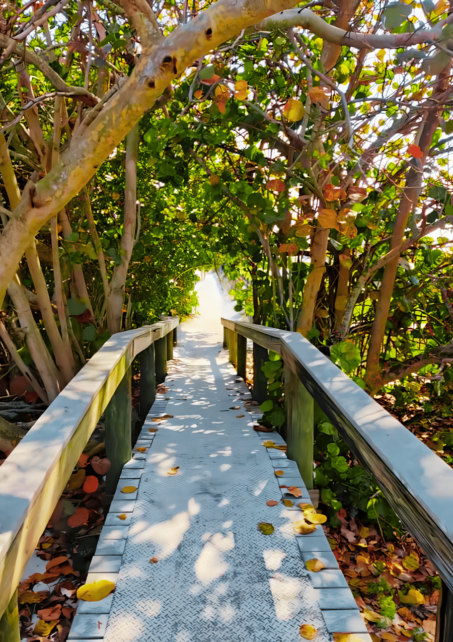 This shaded beach access path lined with native sea grapesknown for their edible fruitleads to sugar-white sands and the 361 days of sunshine a year that has famously earned St Pete the nickname The Sunshine City