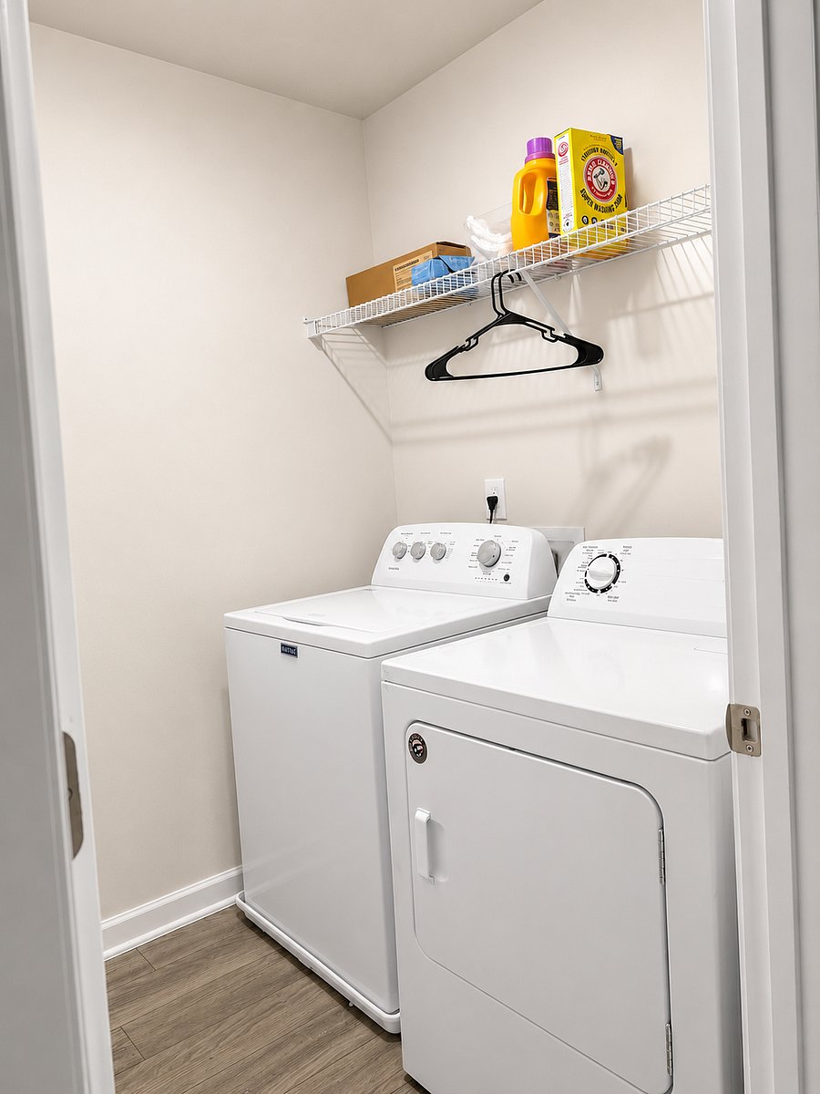 Washer and dryer available (starter laundry items available for use). Iron and ironing board available. 