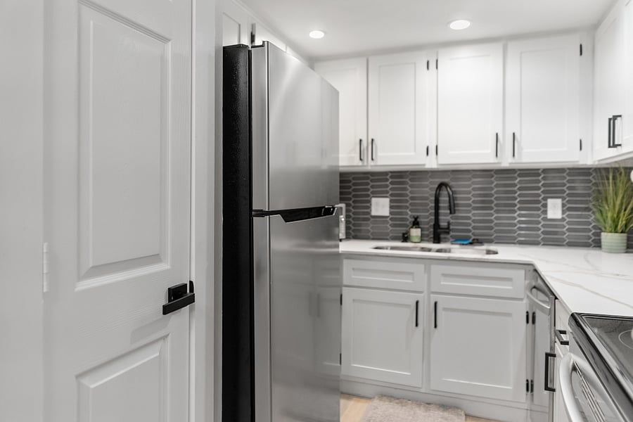 There is a pantry for storage, along with extra space in the cabinets.