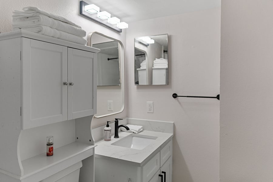 Enjoy the bright bathroom. extra bright when you turn on the lighted vanity, it makes getting ready quick & easy.