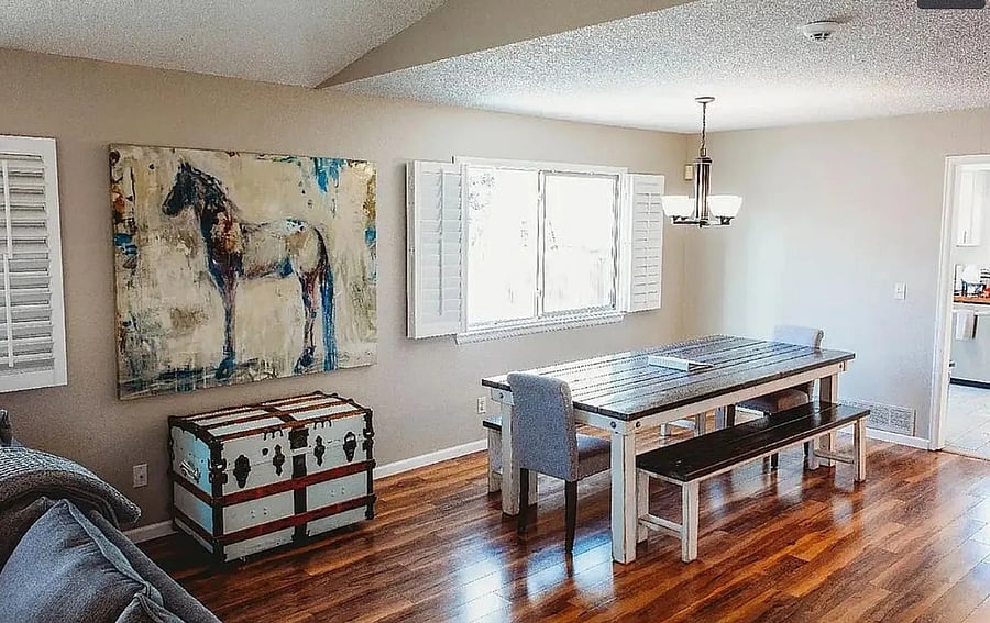 Huge long dining table seats 8-10 people easily for any occasion. 