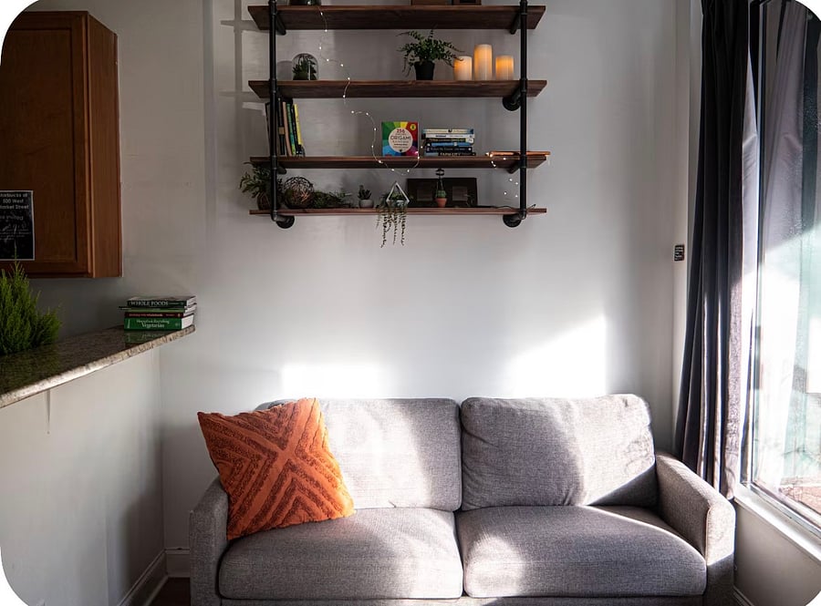 A big cozy Wayfair sofa that pops out into a single bed if you have a guest in the TV room