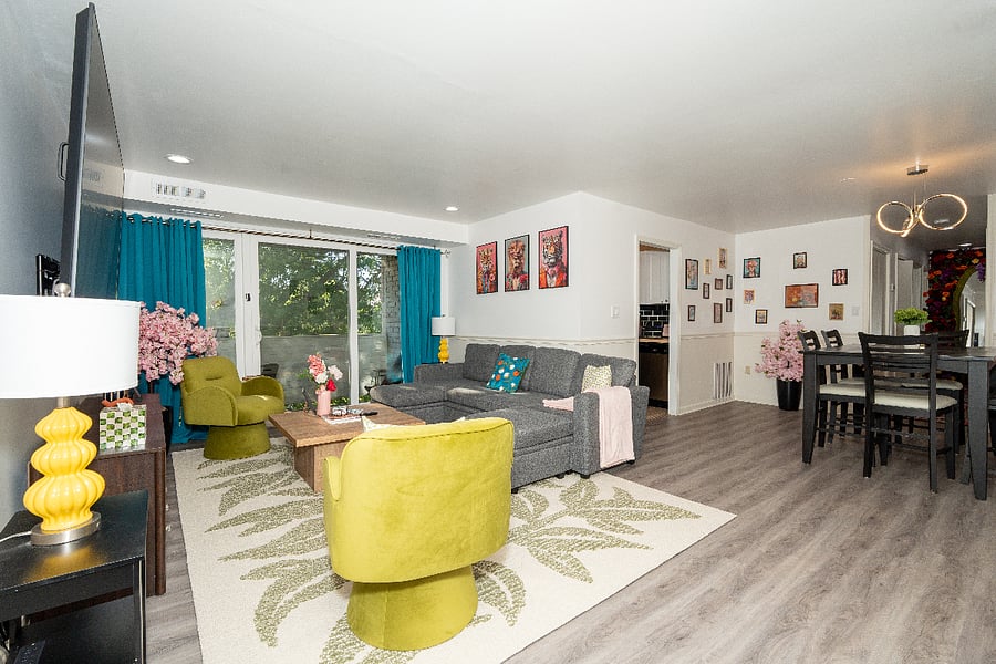 Living room with Dining room to the right