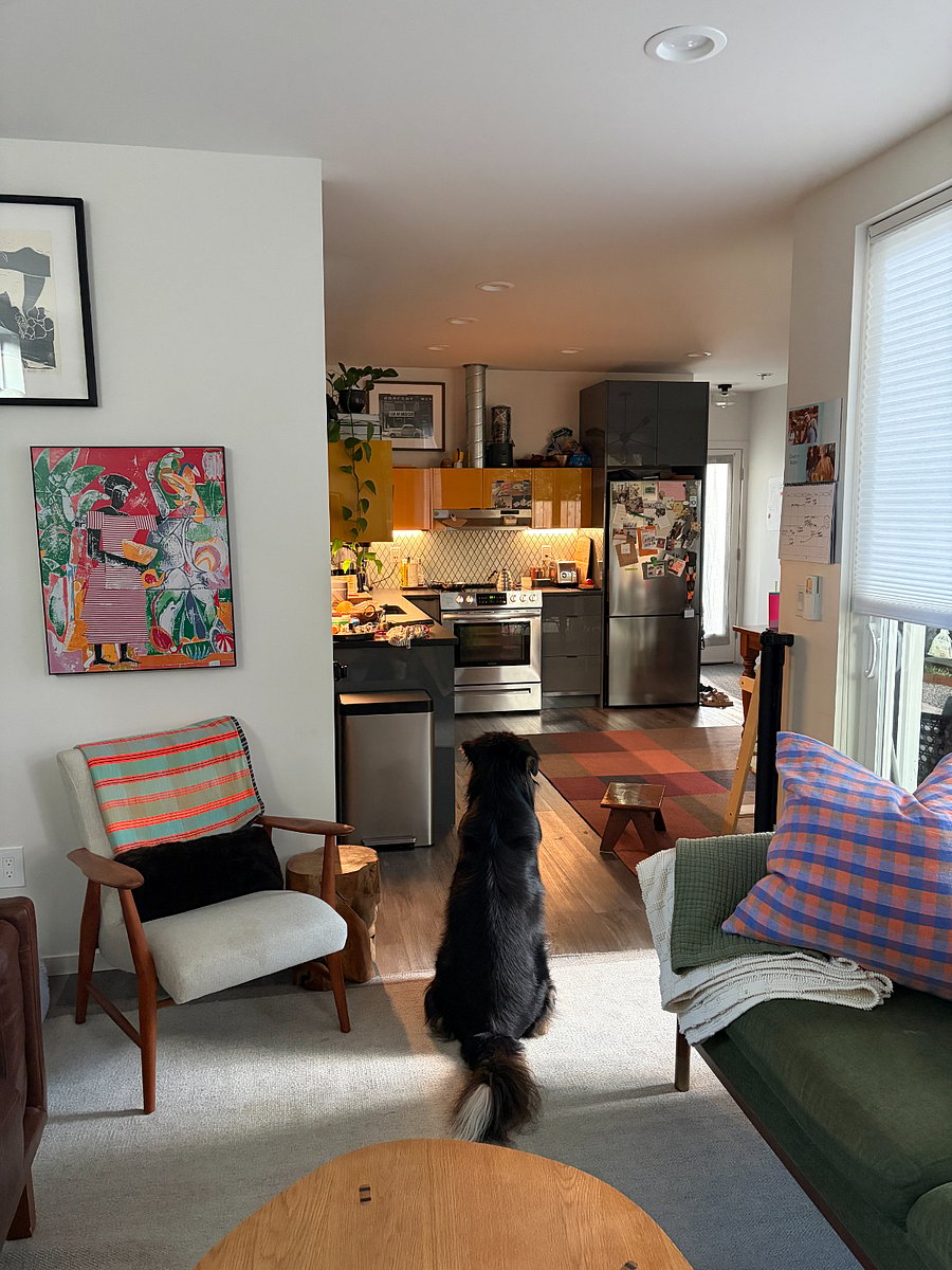 Looking from the living room into the kitchen/dining area