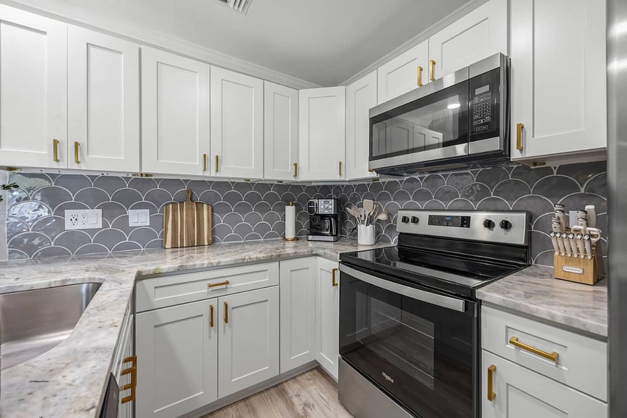 Our fully stocked kitchen has everything you need to prepare a meal at home.  You'll find cookware, bakeware, serving pieces, a blender, a toaster, an air fryer, a hand mixer, an electric tea kettle, and more, all ready for your stay.