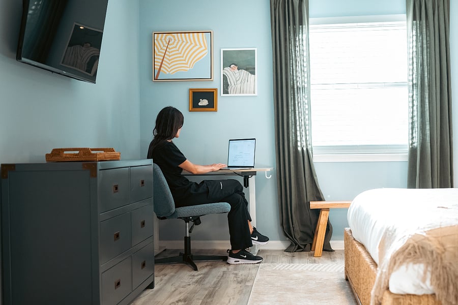Height-adjustable desk to support accessibility and comfort for every guest.  Whether sitting or standing, it provides an ideal setup for traveling professionals, remote workers, or anyone who needs a place to stay productive during their visit.