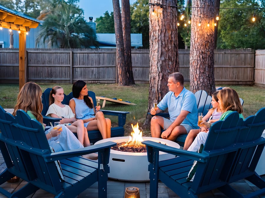 Gather around the firepit in comfortable Adirondack chairs accented with cozy pillows.  The area is fully accessible and thoughtfully lit, creating the perfect setting for relaxing and enjoying this charming outdoor retreat.