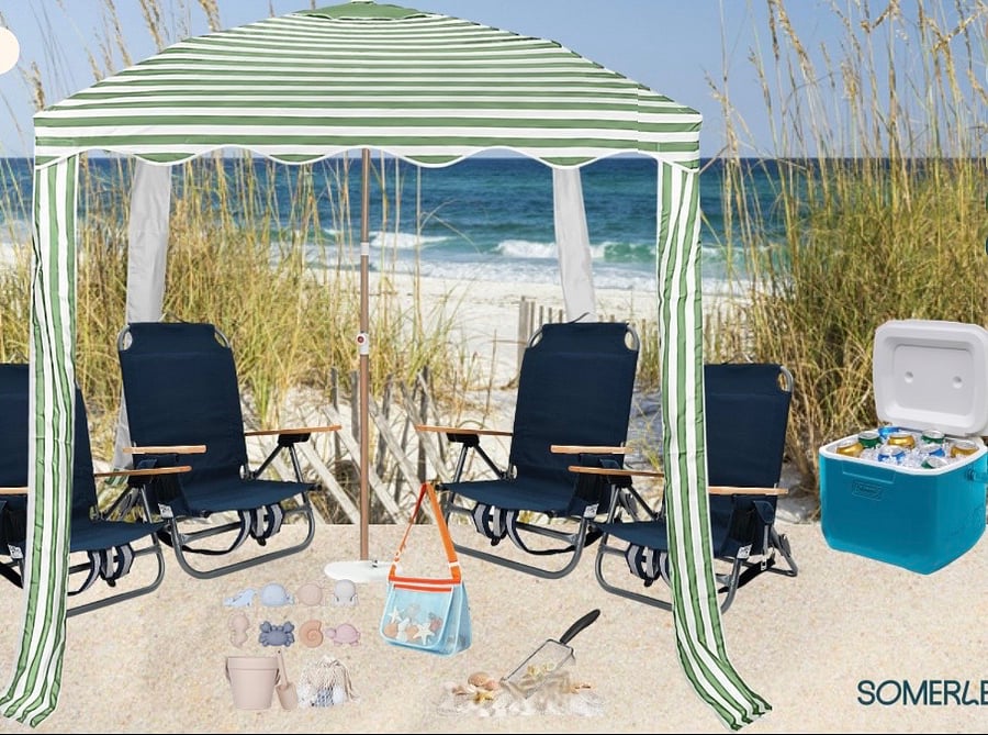We tried to include everything you need for a beach day, including lawn chairs, tent, cooler, sand toys, and a boogie board.