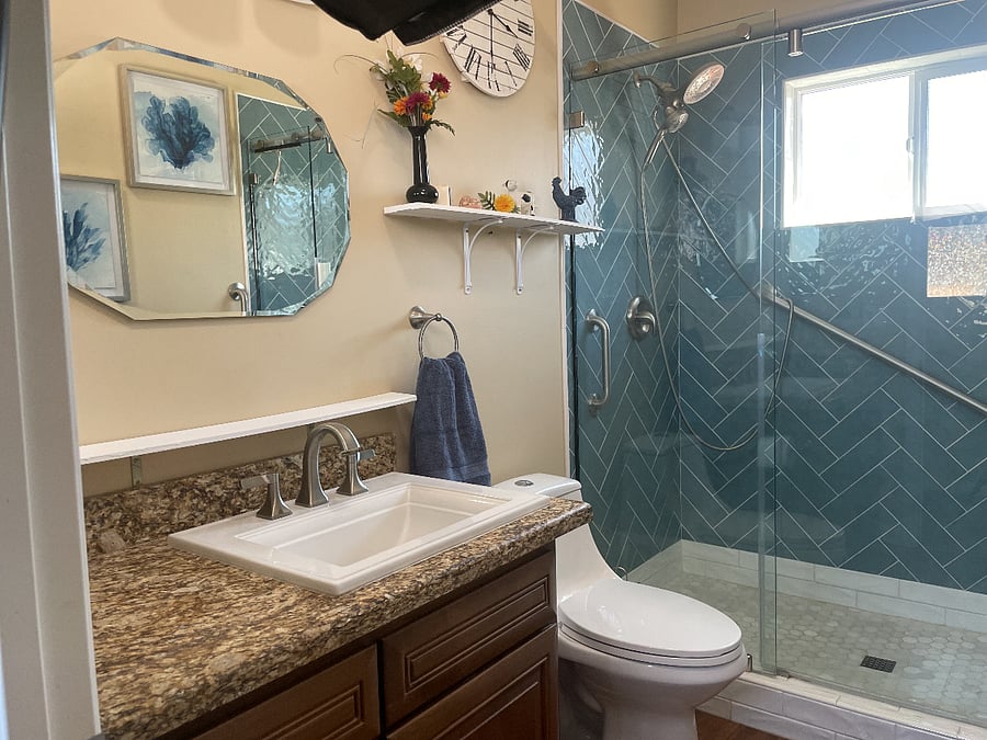 Two medicine cabinets for storage, night light and built in blue tooth speaker. Two shower heads with bench. Towels, soap provided. Turn key ready.