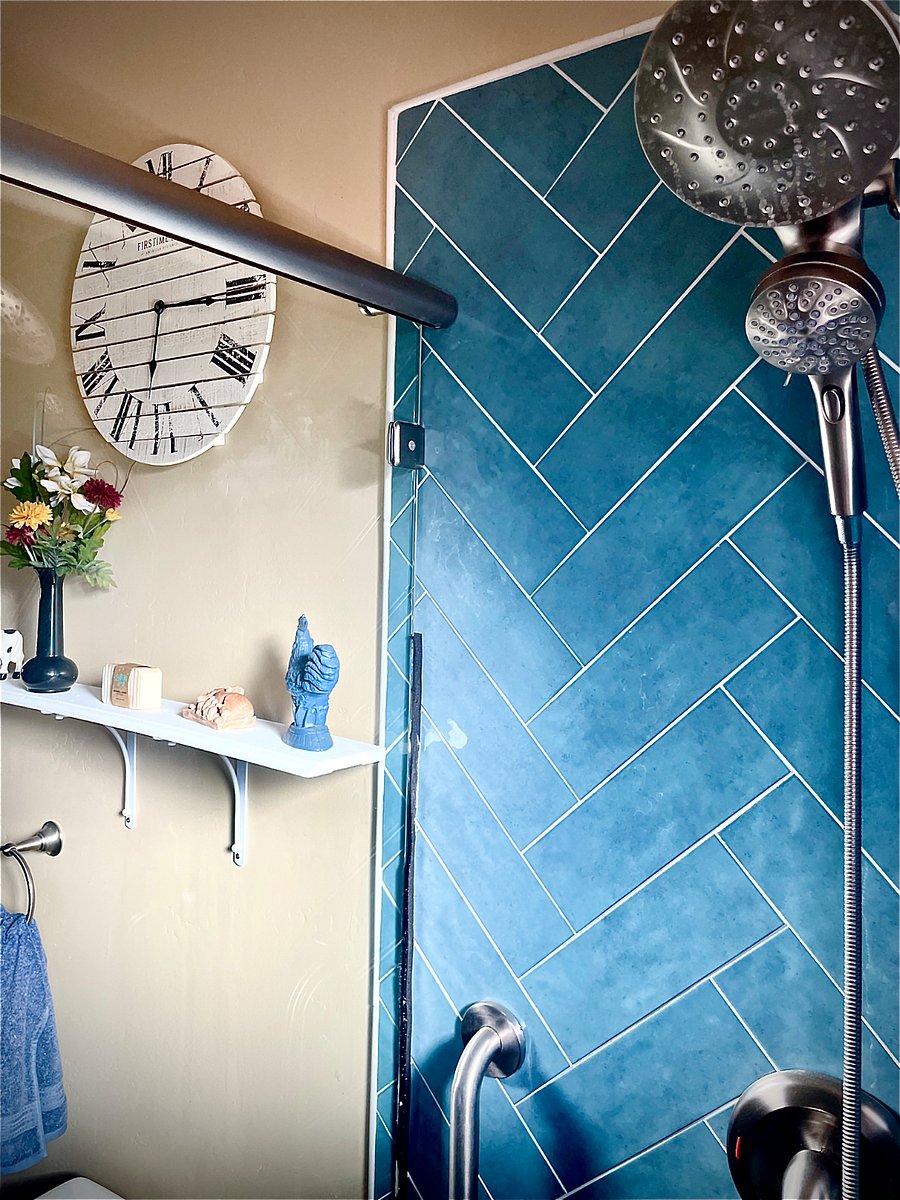 Dual shower head and safety handrails. This bathroom has smart home features with night lights, and blue tooth speaker in the ceiling.Sc