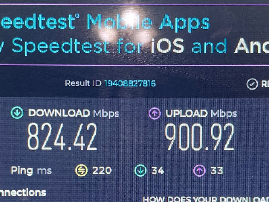 Screen shot of FREE internet speed test . July 2026.
824.42 Download and 900.92 Upload, by Wyyerd fiber.
Strong and solid WIFI.