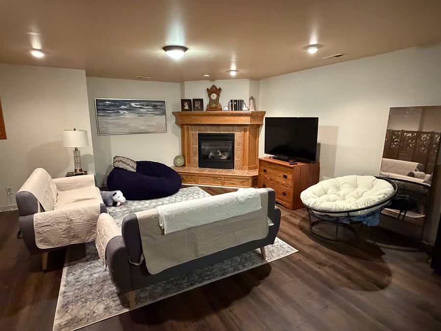 A bigger TV in the hearth room, a shared space where critters are welcome on the furniture and you can flip on the fireplace on chilly Kansas nights