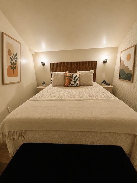 Brand new Queen bed. Black out curtains, extra sheets and pillows, sound machine, bedside plugs and charger. Ceiling fan, AC.
