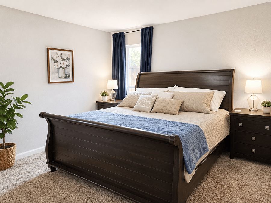 Primary bedroom with king bed, dressers, nightstands, TV and en suite bathroom and closet.