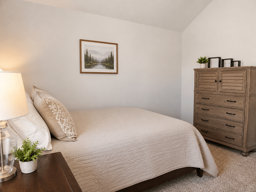 Queen bedroom with desk with window view, chair, dresser and closet.