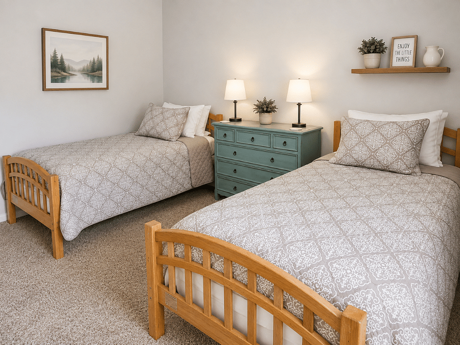 Twin bedroom with dresser, closet and TV for movies or gaming
