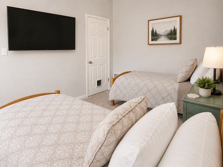 Twin bedroom with dresser, closet and TV for movies or gaming.