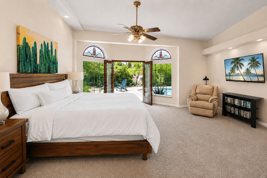 Rest easy in our serene, designer-inspired bedroom suite with premium bedding.