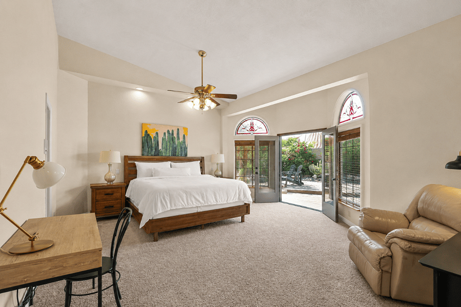 Rest easy in our serene, designer-inspired bedroom suite with premium bedding.