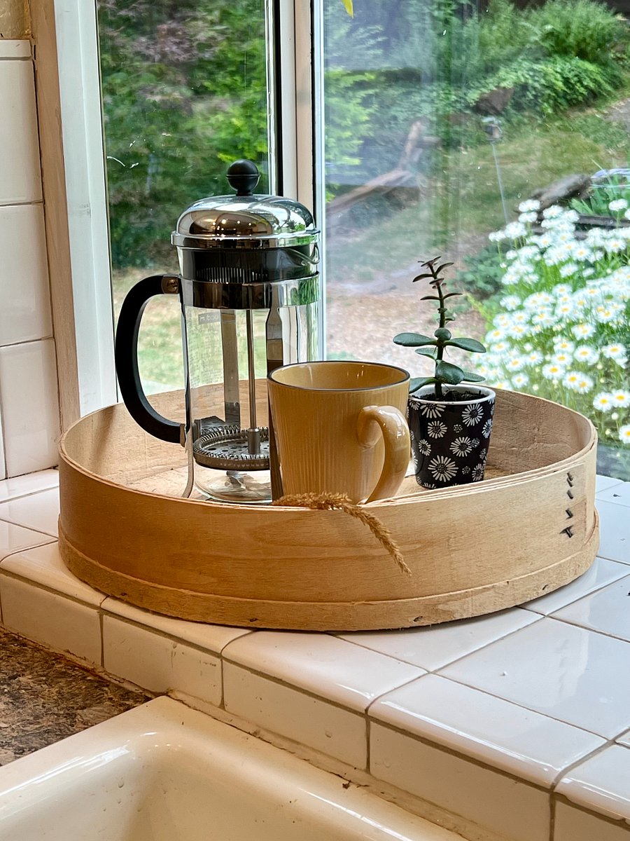 Garden window with beautiful light spilling in the kitchen. Coffee maker and press included