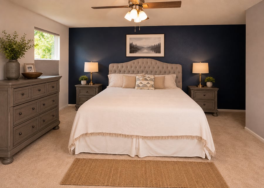 room- 3 windows, all are top down bottom up - 2 are blackout shades. Clean, quiet. (this furniture is a replica of what is to be moved there) There is a chest of drawers, a dresser and two nightstands.