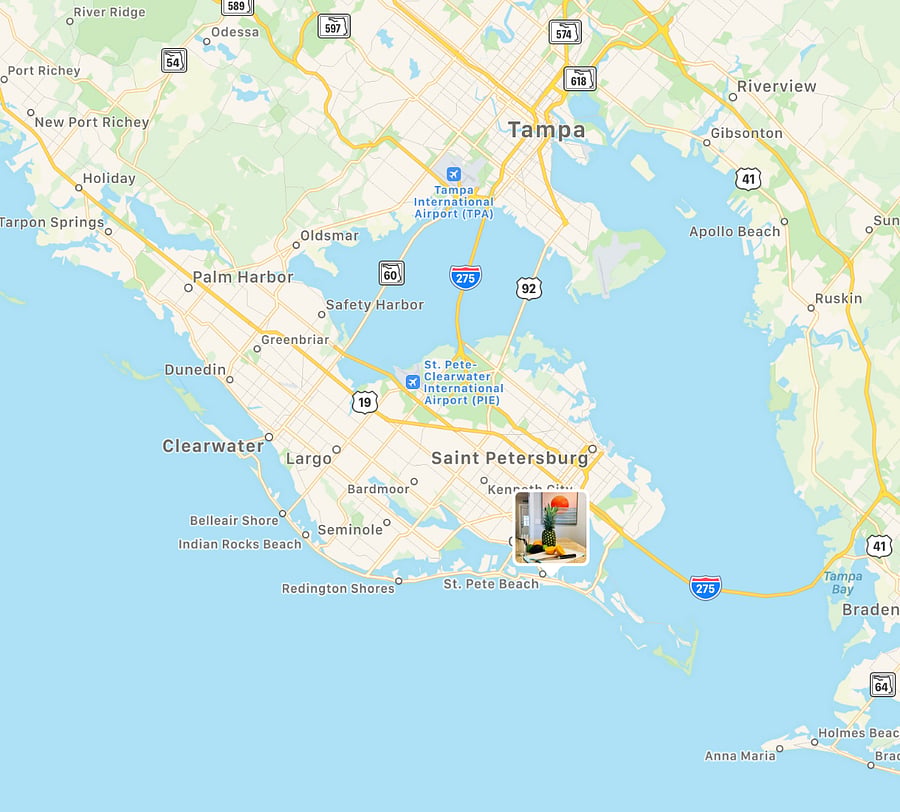 Centrally located near downtown St Petersburg, Clearwater/St Pete Airport, downtown Tampa & Tampa international airport.