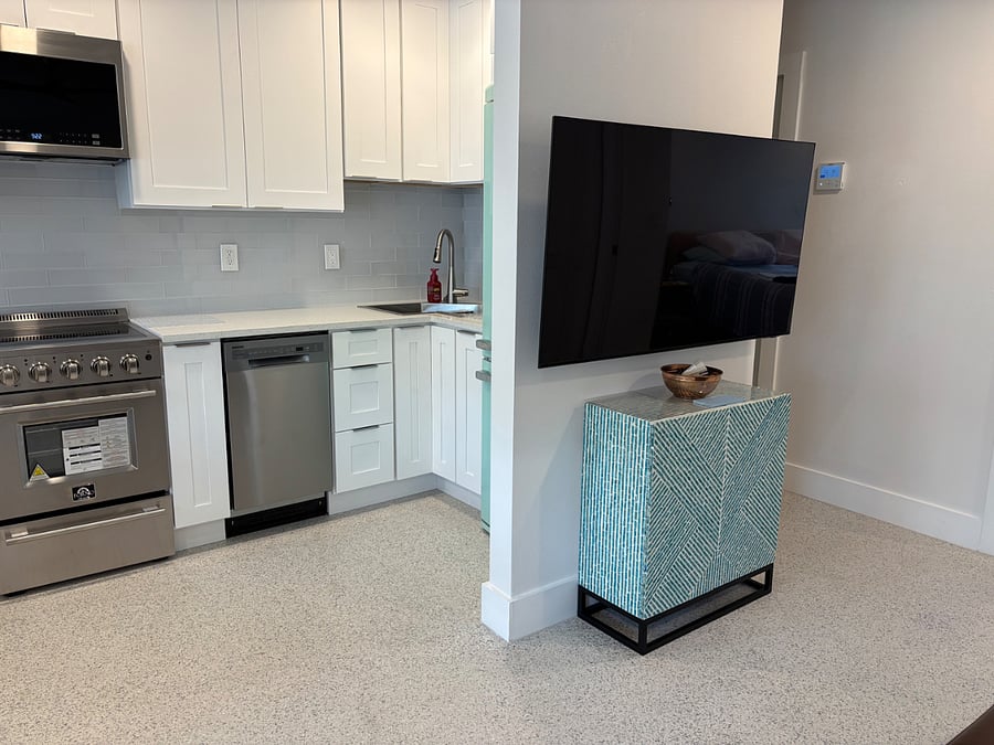 TV linen cabinet and kitchen