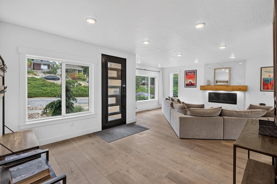 Front entryway, foyer, and living room