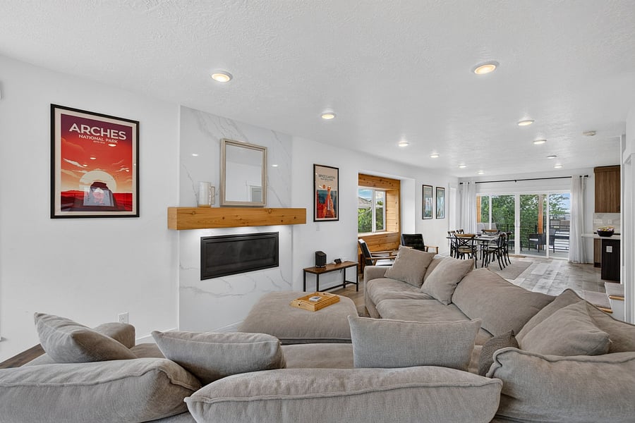 Living room, sitting area, and dining room