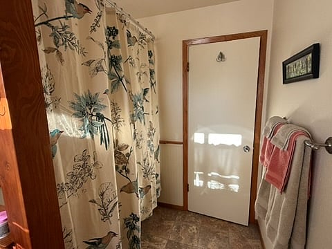 Bathroom facing door, shower on the left.