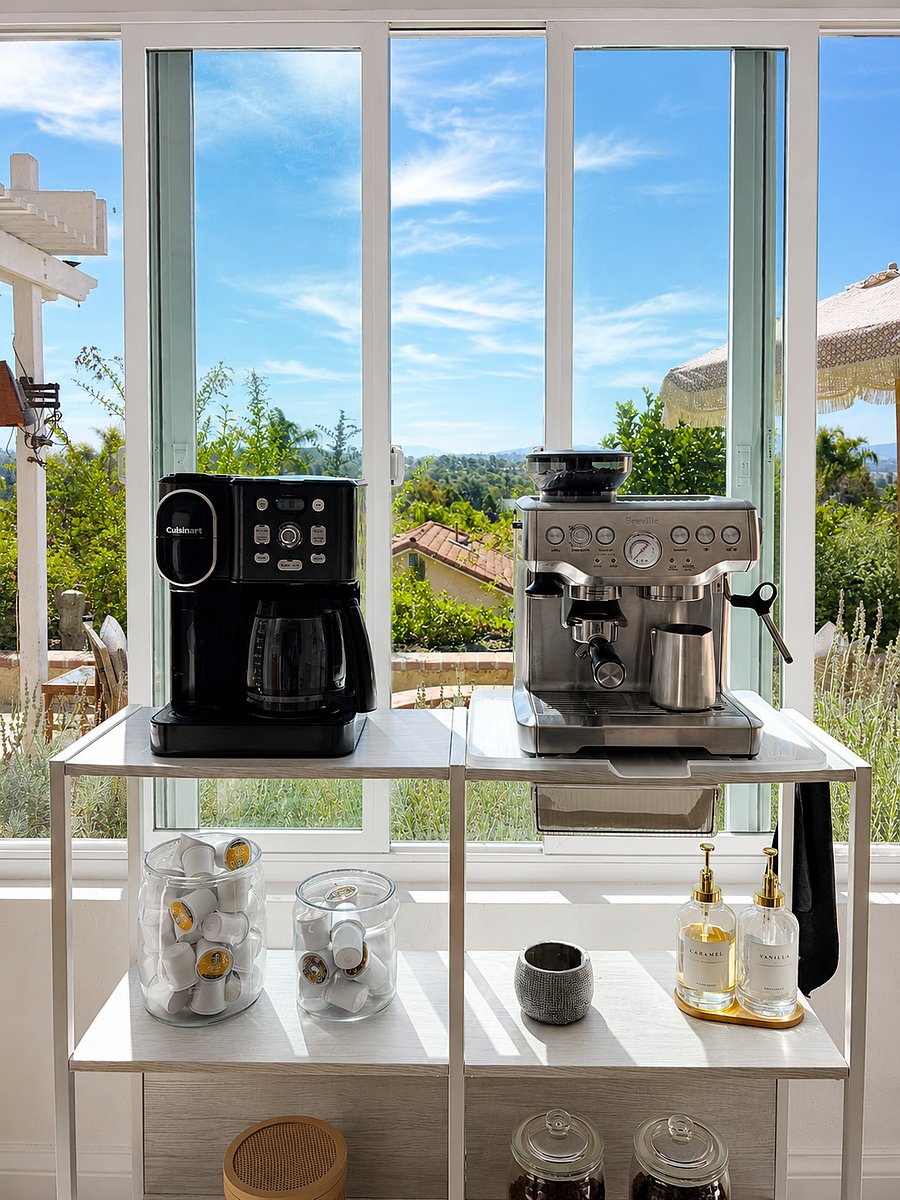 Coffee station. Cuisinart coffee maker (pods or carafe). Breville espresso machine with milk foamer.