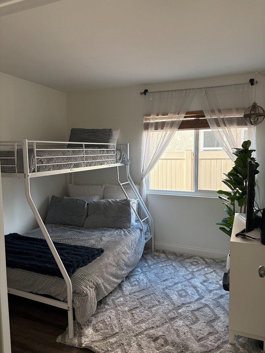 Twin size  over full size bunkbeds. Bedroom is downstairs next to a full size bathroom. 
