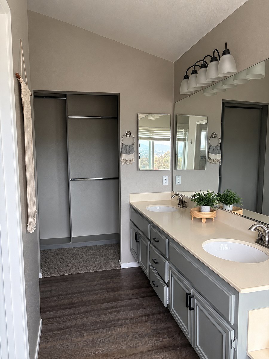 Primary en suite bathroom. Double sinks and large closet. Closet also has shelving and drawers. Tons of storage.
