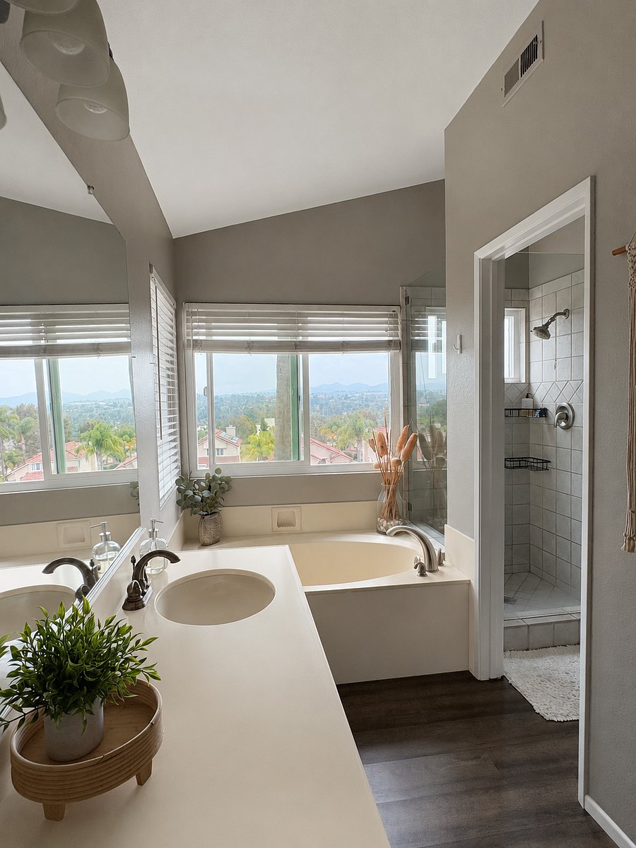 Tub and shower in primary bathroom
