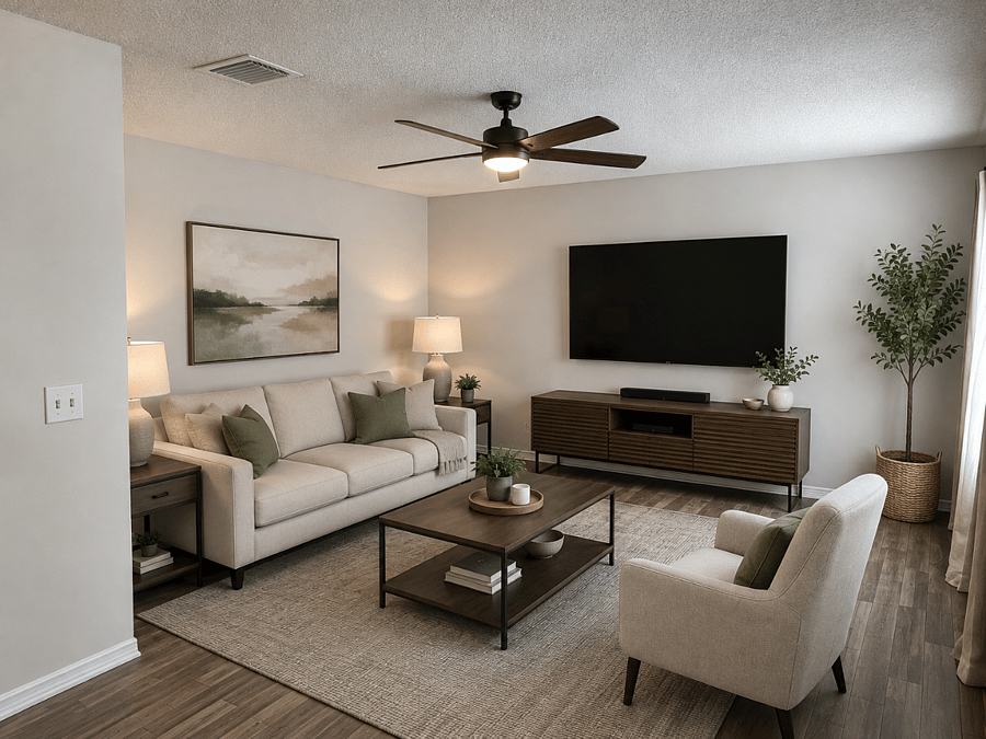 Photos have been virtually staged to illustrate the planned furnishings and finished appearance of the rental. Actual furniture, finishes, and decor may vary.
