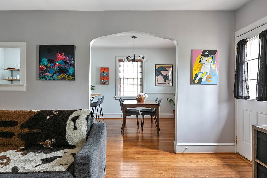 Unique, original art lines the walls.