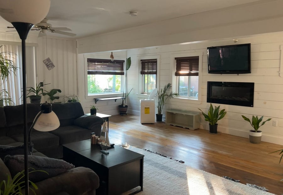 Full size TV, electric fireplace and plenty of windows for natural light. Plants included! 