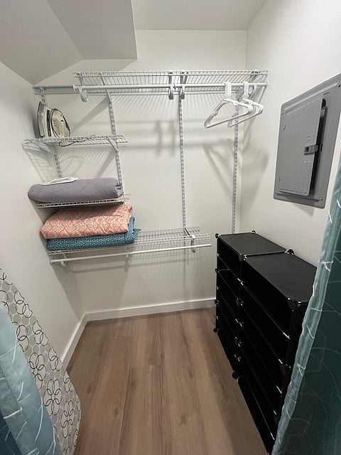 small walk-in closet
ironing board & iron
extra blankets