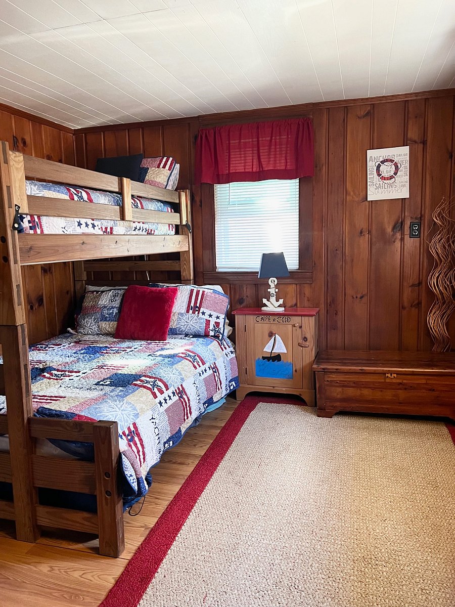 Bunk offers full sized bed and twin, plus a closet and bureau