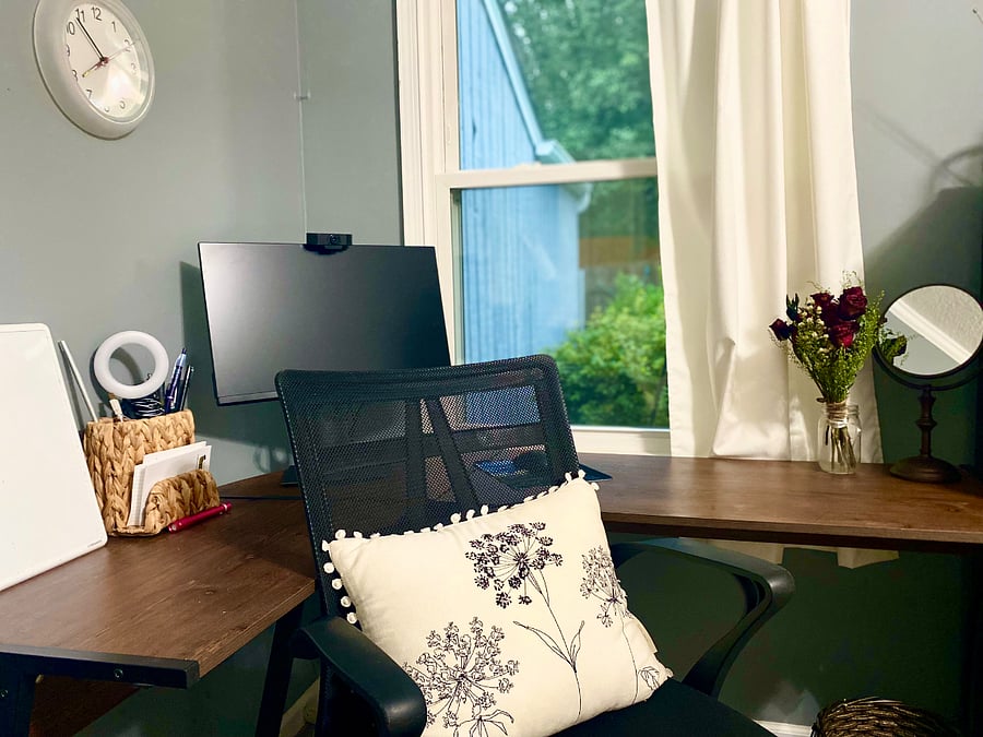 L-Shaped Working Desk, Computer Monitor, Camera, Makeup Mirror, Swivel Chair, Ring Light for Zoom Calls
