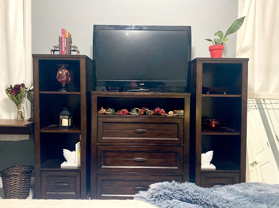 Big TV, Dresser, and Bookshelves