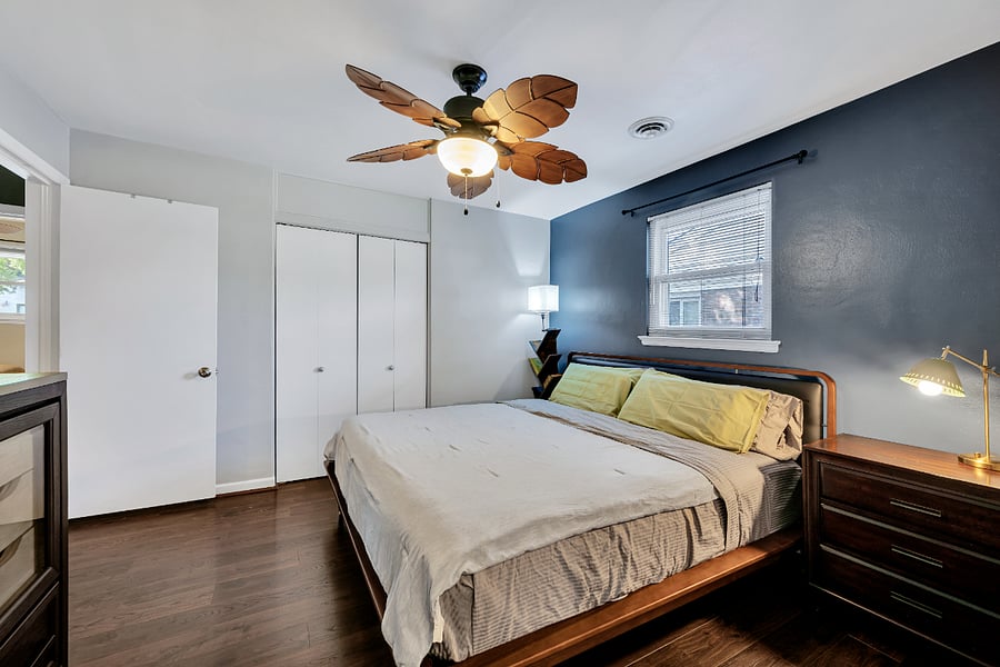 Primary bedroom with king bed, comfortable mattress and en suite double sink and shower.