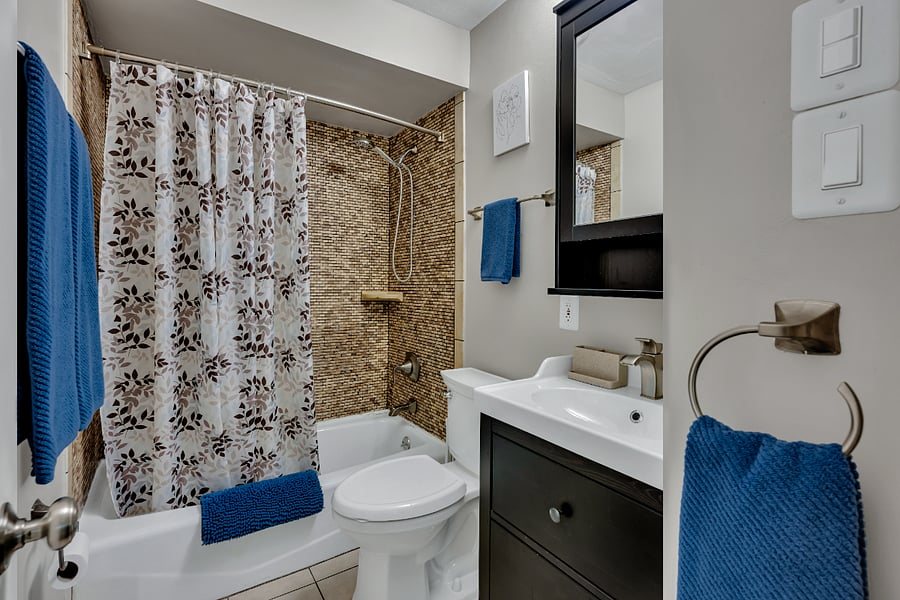 Hall bathroom with tub and handheld shower head.