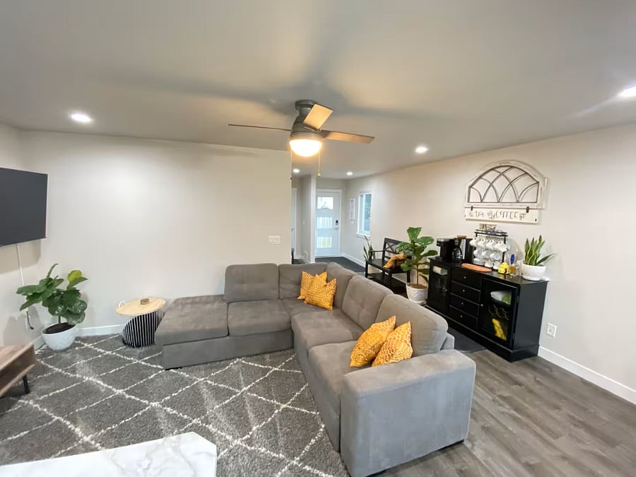 Open concept living area and full coffee and tea bar