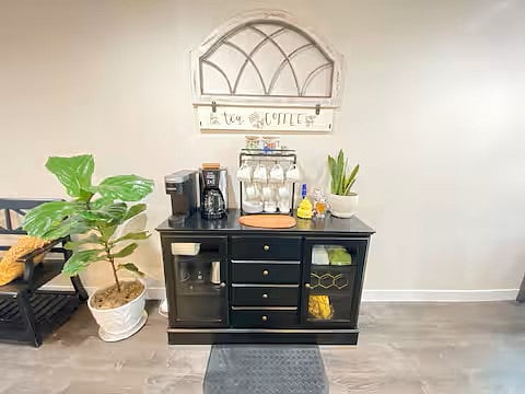 Full coffee and tea bar including keurig w/ assorted pods, drip coffee maker, french press, pour-over (v60), coffee grinder, whole bean coffees, various sugars and creamers, electric kettle, tea, hot chocolate, stir sticks and of course, honey!