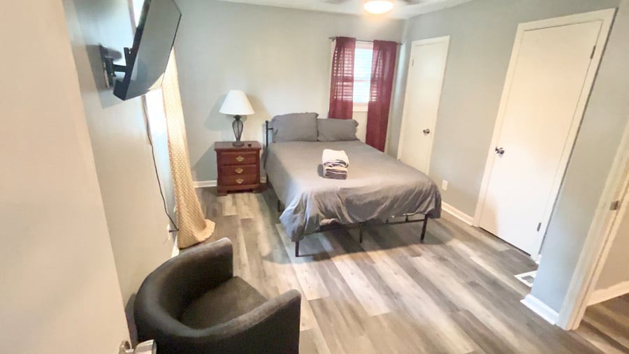 Bedroom 2 Master bedroom with private bathroom. Includes tv, dresser, and lounging chair
$1000 per month
