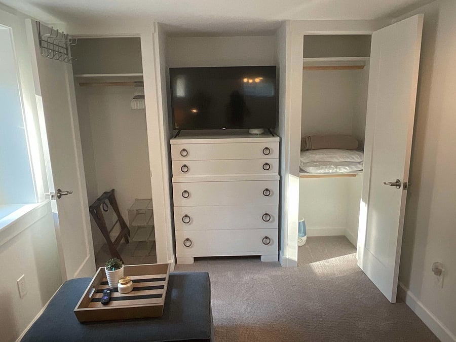 2 closets plus dresser. Smart TV.